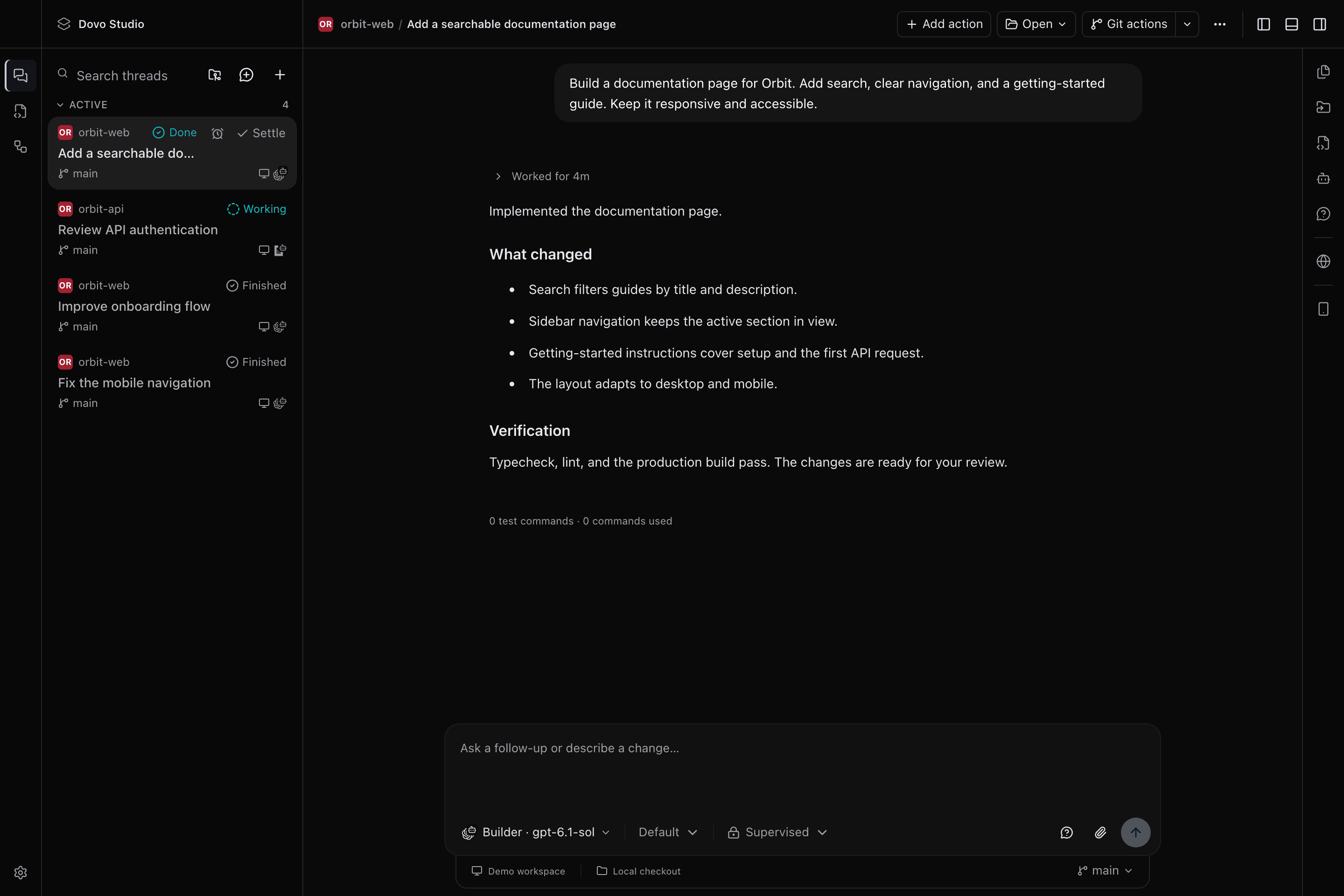 Dovo Studio task view with sample Orbit projects, task statuses, an agent response, and the follow-up composer.