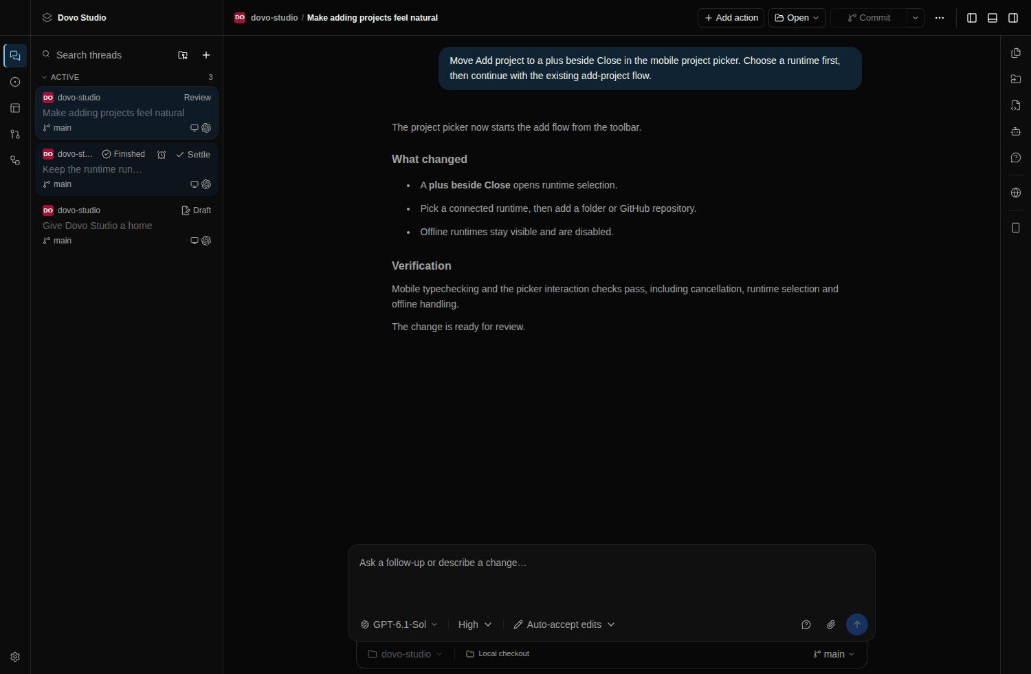 Dovo Studio showing project threads, a coding agent conversation, and a follow-up composer.